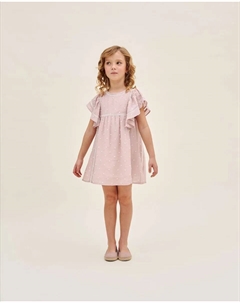 Платье для девочки розового цвета с узором «плюмети» в мелкий белый горошек и оборками на рукавах, розовый Dadati