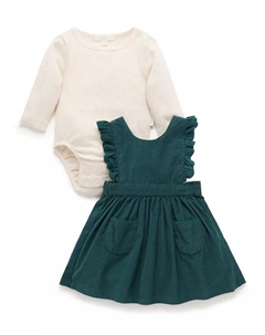 Комплект из вельветового сарафанчика и боди для девочек, зеленый Purebaby