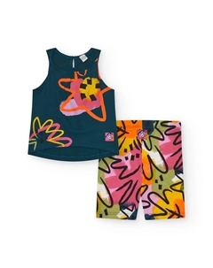 Комплект для девочки с футболкой без рукавов и велосипедными леггинсами, темно-зеленый Tuc tuc