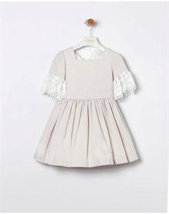 Платье для девочки из шамбре с вышитыми рукавами из тюля, бежевый Coco acqua