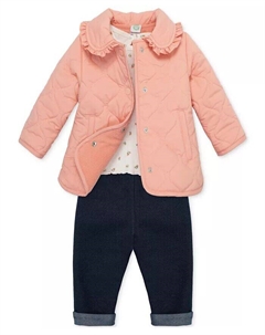 Комплект из стеганой куртки, футболки с цветочным принтом и джинсовых брюк для маленьких девочек, розовый Little me