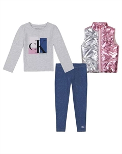 Металлический стеганый жилет для малышей и маленьких девочек, футболка с длинными рукавами и логотипом, комплект из 3 предметов Calvin klein