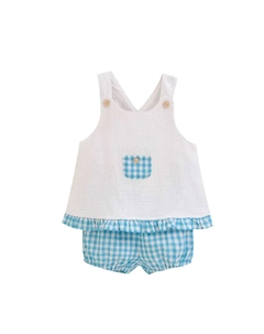 Комплект для девочки из бирюзовых шорт в клетку и блузки без бретелек, белый Dadati