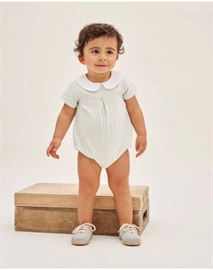 Комбинезон для мальчика в пастельно-зеленую и белую полоску с детским воротником, зеленый Dadati