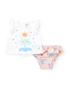 Комплект купальника для девочки с белой футболкой с пальмой и розовыми трусиками с оборками, белый Tuc tuc