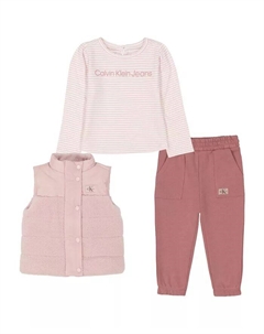Флисовый стеганый жилет в берберском стиле для малышей и маленьких девочек, футболка с длинными рукавами в полоску, флисовые джоггеры, комплект из 3 предметов Calvin klein