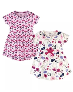 Платье с короткими рукавами из органического хлопка для девочек, 2 шт., розовые, с растительным узором Touched by nature