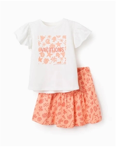 Комплект для девочки из футболки с принтом и юбки, белый Zippy
