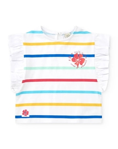 Футболка для девочки с разноцветными полосками и оборками, белый Tuc tuc