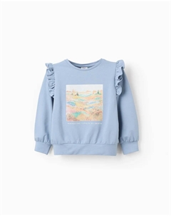 Свитшот для девочки с оборками и узором спереди, светло-голубой Zippy