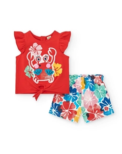Комплект для девочки с красной футболкой с крабом и шортами с цветочным принтом, красный Tuc tuc