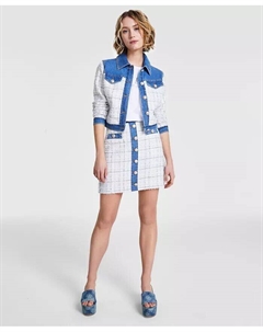 Женская твидовая джинсовая куртка Natalie, хлопковая футболка с логотипом Crystal и твидовая джинсовая мини-юбка, мультиколор Guess