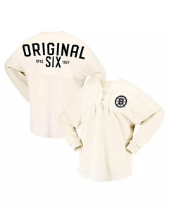 Женская кремовая футболка Boston Bruins Original Six Lace-Up Spirit Jersey с длинным рукавом Fanatics