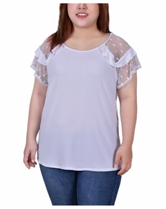 Плюс размер топ с короткими рукавами в горошек, белый Ny collection