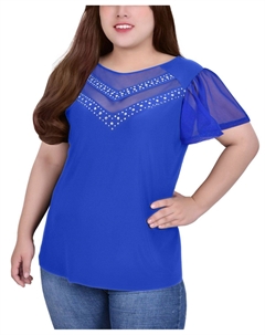 Топ больших размеров с заклепками и короткими рукавами-крылышками и сетчатыми деталями Ny collection