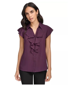 Женская блузка с короткими рукавами и воротником с рюшами, фиолетовый Calvin klein