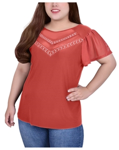 Топ больших размеров с заклепками и короткими рукавами-крылышками и сетчатыми деталями, мульти Ny collection