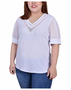 Плюс размер топ с короткими рукавами и v-образным вырезом, белый Ny collection