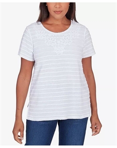 Женская классическая футболка нейтрального цвета с кружевным вырезом в полоску и разрезом подол, белый Alfred dunner
