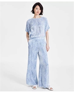 Женский топ из шамбре с рукавами-лепестками, широкие брюки со складками спереди и сандалии, розовый Michael kors