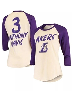Женская футболка кремового цвета Anthony Davis Los Angeles Lakers с рукавами 3/4 реглан Fanatics