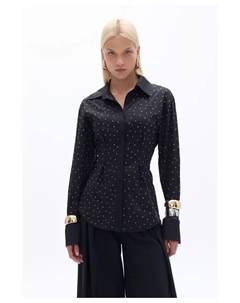 Женская рубашка на пуговицах с вышивкой стразами, черный Nocturne