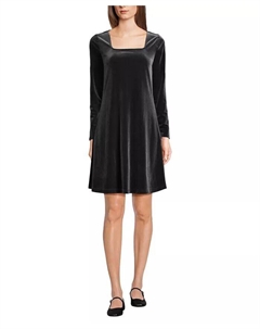 Женское трикотажное бархатное платье с квадратным вырезом, черный Lands' end