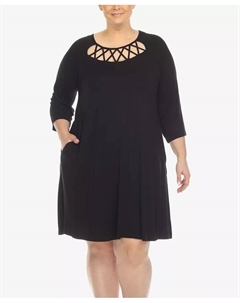 Платье свободного кроя с вырезом крест-накрест и рукавами 3/4, черный White mark