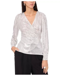 Женский топ с длинными рукавами и имитацией запаха, расшитый пайетками, серебряный Vince camuto