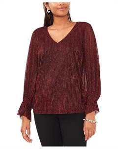 Женский металлизированный топ с V-образным вырезом и прозрачными рукавами, красный Vince camuto