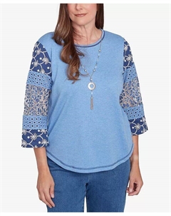 Petite Free Spirit Трикотажный топ с рукавами в стиле пэчворк и ожерельем, синий Alfred dunner