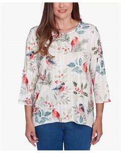 Женский классический топ с круглым вырезом и принтом птиц и листьев падуба, мультиколор Alfred dunner