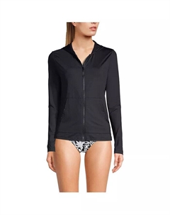 Женский рашгард с длинным рукавом и капюшоном на молнии UPF 50, черный Lands' end