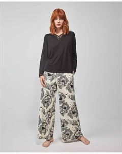 Длинная женская пижама с однотонной футболкой и брюками с принтом, черный Gisela