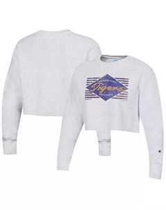 Женский укороченный пуловер с эффектом потертости цвета Хизер Серый LSU Tigers обратного переплетения Champion