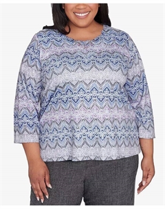 Плюс размер Worth Avenue круглый вырез кружева текстурированный топ с рукавом три четверти, серый Alfred dunner