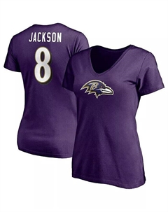 Женская фиолетовая футболка Lamar Jackson с v-образным вырезом со значком игрока Baltimore Ravens, имя и номер Fanatics
