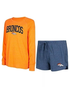 Женский комплект для отдыха: темно-сине-оранжевый комплект из футболки с длинными рукавами и шорт реглан Denver Broncos, синий Concepts sport