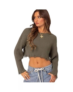 Женский укороченный свитер оверсайз с потертым краем, зеленый Edikted