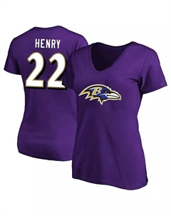 Женская футболка Derrick Henry Purple Baltimore Ravens размера плюс с именем и номером и V-образным вырезом Fanatics