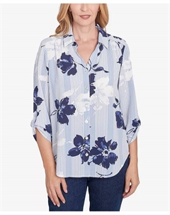 Женский классический полосатый топ с цветочным принтом, застежкой на пуговицы спереди и завязкой на рукавах, синий Alfred dunner