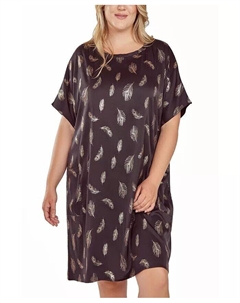 Ночная рубашка большого размера с шелковистым карманом и принтом в виде перьев, черный Icollection