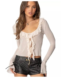 Женский прозрачный сетчатый топ с оборками, коричневый/бежевый Edikted