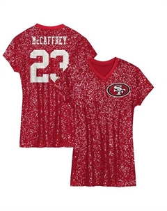 Big Girls Кристиан Маккаффри Скарлет Сан-Франциско 49ers платье с блестками и именем игрока, номером и V-образным вырезом Outerstuff