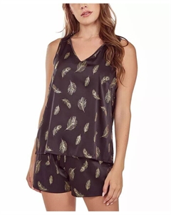 Женский шелковый пижамный комплект с принтом «Перья», черный Icollection