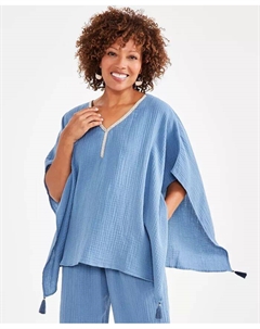 Миниатюрный топ-пончо с отделкой кисточками и декорированным воротом, синий Jm collection