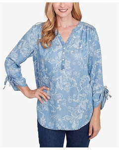 Супермягкий топ-хенли Petite Classics с V-образным вырезом и завитками, синий Alfred dunner