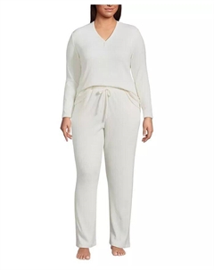 Уютный пижамный комплект из 2 предметов большого размера - топ с длинными рукавами и брюки, слоновая кость/кремовый Lands' end