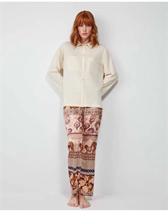 Длинная женская пижама с трикотажной рубашкой и атласными брюками, бежевый Gisela