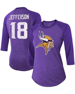 Женская футболка Justin Jefferson Purple Minnesota Vikings Team, имя игрока, номер, футболка реглан Tri-Blend с рукавами 3/4 Fanatics